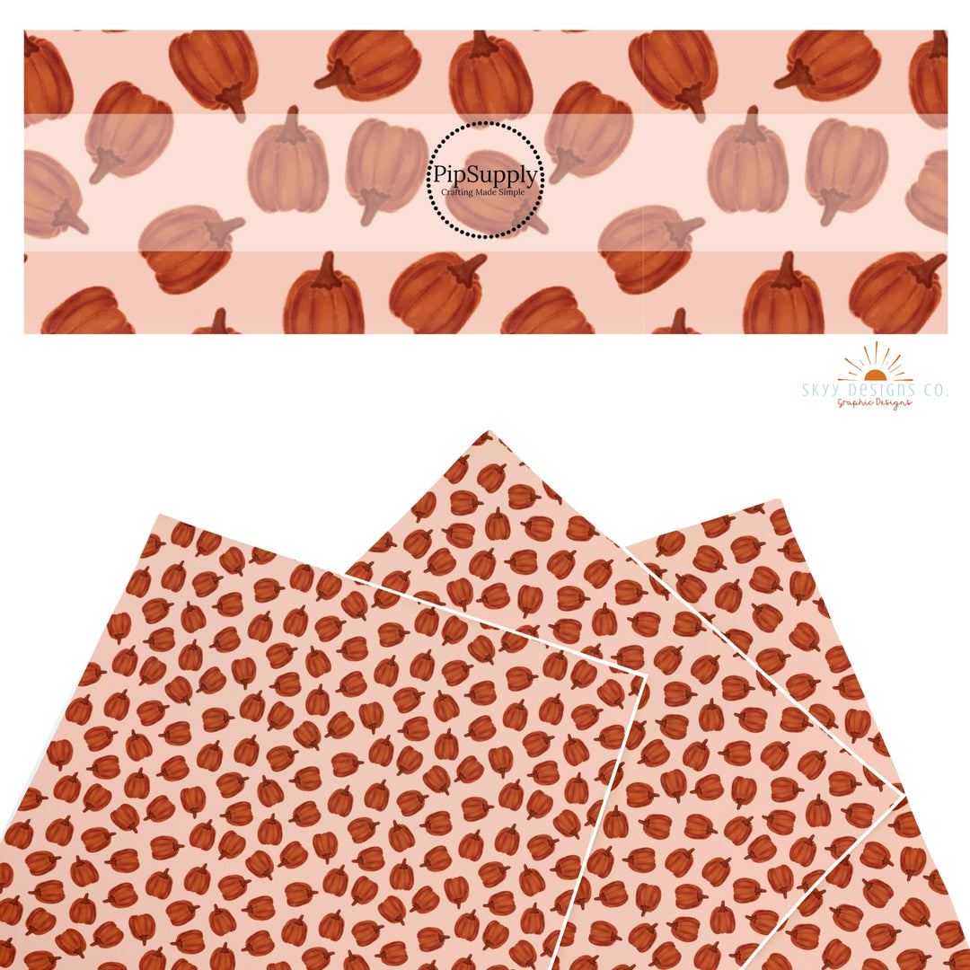 These autumn themed pattern faux leather sheets contain the following design elements: burnt orange pumpkins. Our CPSIA compliant faux leather sheets or rolls can be used for all types of crafting projects.