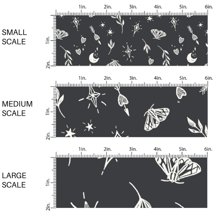 This scale chart of small scale, medium scale, and large scale on these Halloween themed black fabric by the yard features cream leaves, moths, hearts, moons, and stars on black. This fun themed fabric can be used for all your sewing and crafting needs! 