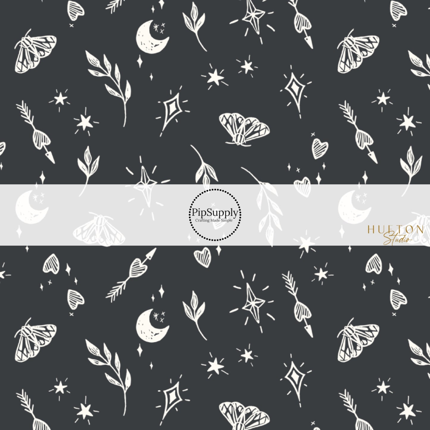 These Halloween themed black fabric by the yard features cream leaves, moths, hearts, moons, and stars on black. This fun themed fabric can be used for all your sewing and crafting needs! 