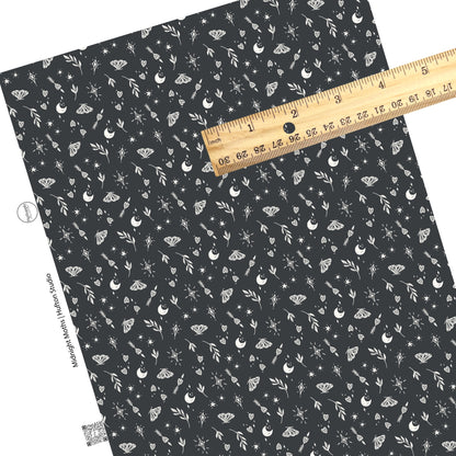 These Halloween themed black faux leather sheets contain the following design elements: cream leaves, moths, hearts, moons, and stars on black. Our CPSIA compliant faux leather sheets or rolls can be used for all types of crafting projects.