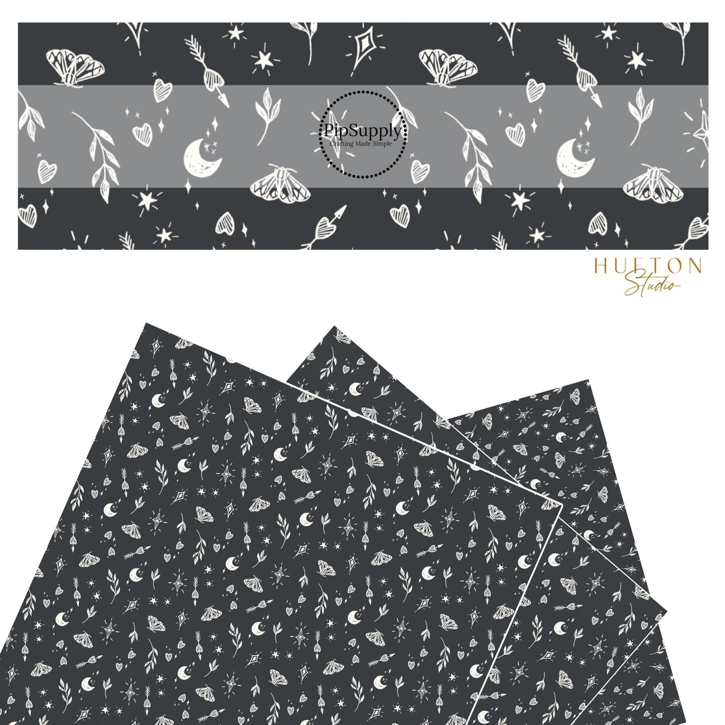 These Halloween themed black faux leather sheets contain the following design elements: cream leaves, moths, hearts, moons, and stars on black. Our CPSIA compliant faux leather sheets or rolls can be used for all types of crafting projects.