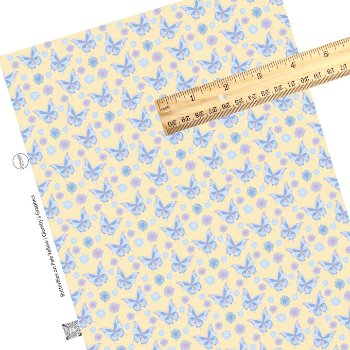 These spring butterflies pattern themed faux leather sheets contain the following design elements: colorful butterflies on pale yellow. Our CPSIA compliant faux leather sheets or rolls can be used for all types of crafting projects.