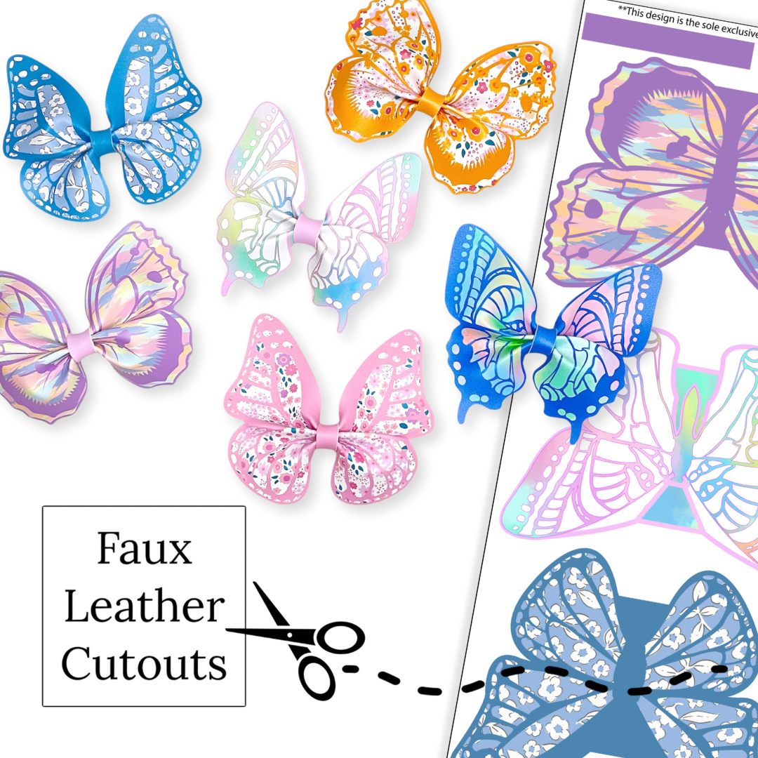 These spring butterfly themed faux leather bow cutouts are ready to cut and assemble for many craft projects. These patterned cutouts can be used to make a hair bow, headband, banner, photo props, scrapbook, party or classroom decorations, bulletin board trim or anything creative! 