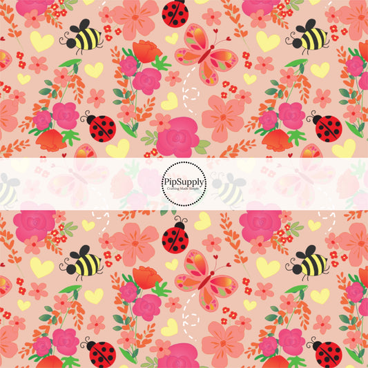 Ladybugs, Bumblebees, and Florals on  Pink Fabric by the Yard.