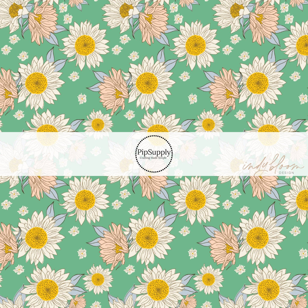 Sunflowers on Summer Green Bow Strips