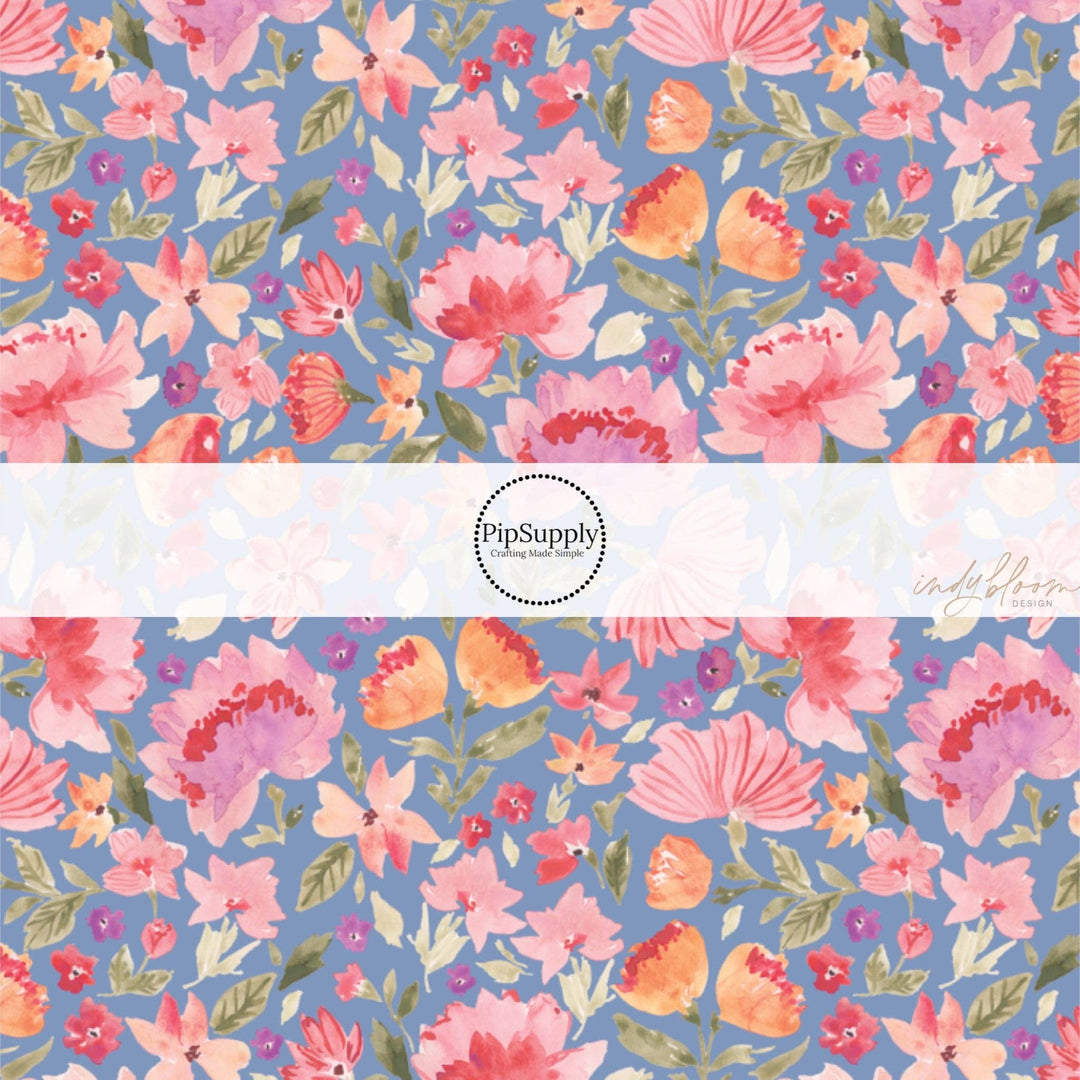 Delicate Flowers Blue Hair Bow Strips
