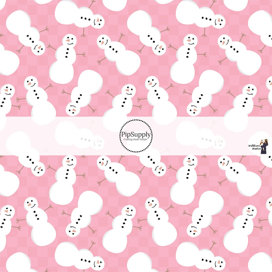 Pink Snowman Checker Hair Bow Strips