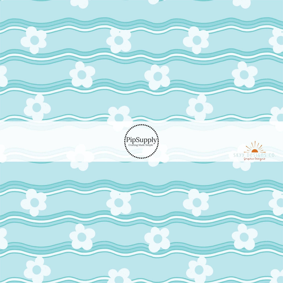 Wavy Flowers on Cyan Hair Bow Strips