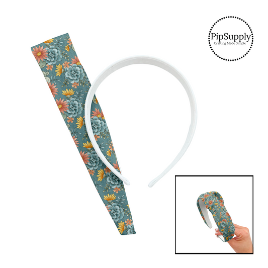 These fun desert floral kits with yellow, pink, orange, blue, teal, and green flowers and cacti include a custom printed and sewn fabric strip and a coordinating velvet headband.