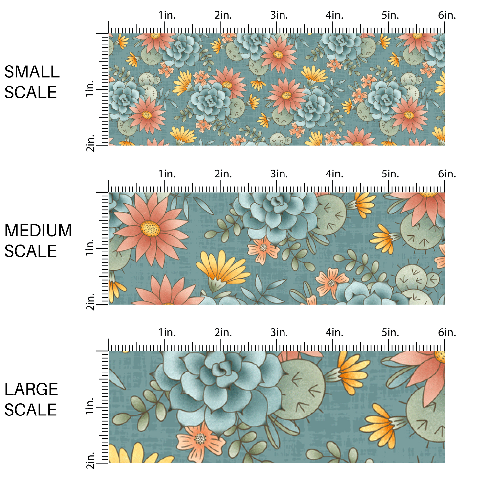 This scale image of small scale, medium scale, and large scale of these desert flowers on light blue fabric by the yard features yellow, pink, orange, teal and green flowers and cacti.