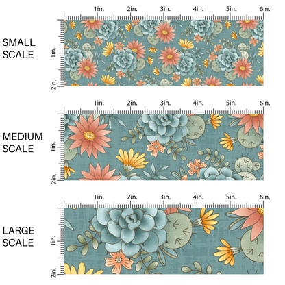 This scale image of small scale, medium scale, and large scale of these desert flowers on light blue fabric by the yard features yellow, pink, orange, teal and green flowers and cacti.