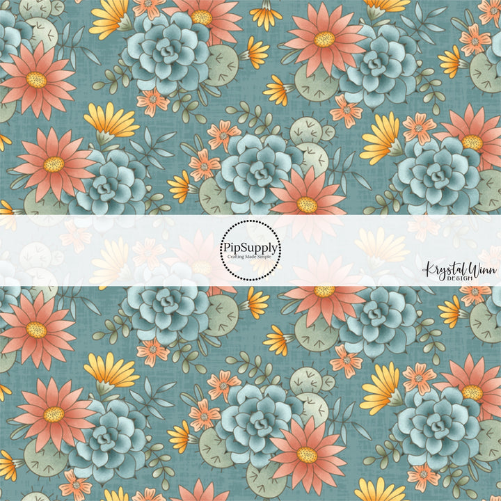 These desert flowers on light blue fabric by the yard features yellow, pink, orange, teal and green flowers and cacti.