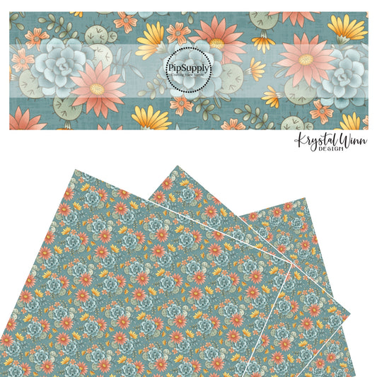 These desert flowers on light blue faux leather sheets contain the following design elements: yellow, pink, orange, blue, teal, and green flowers and cacti.