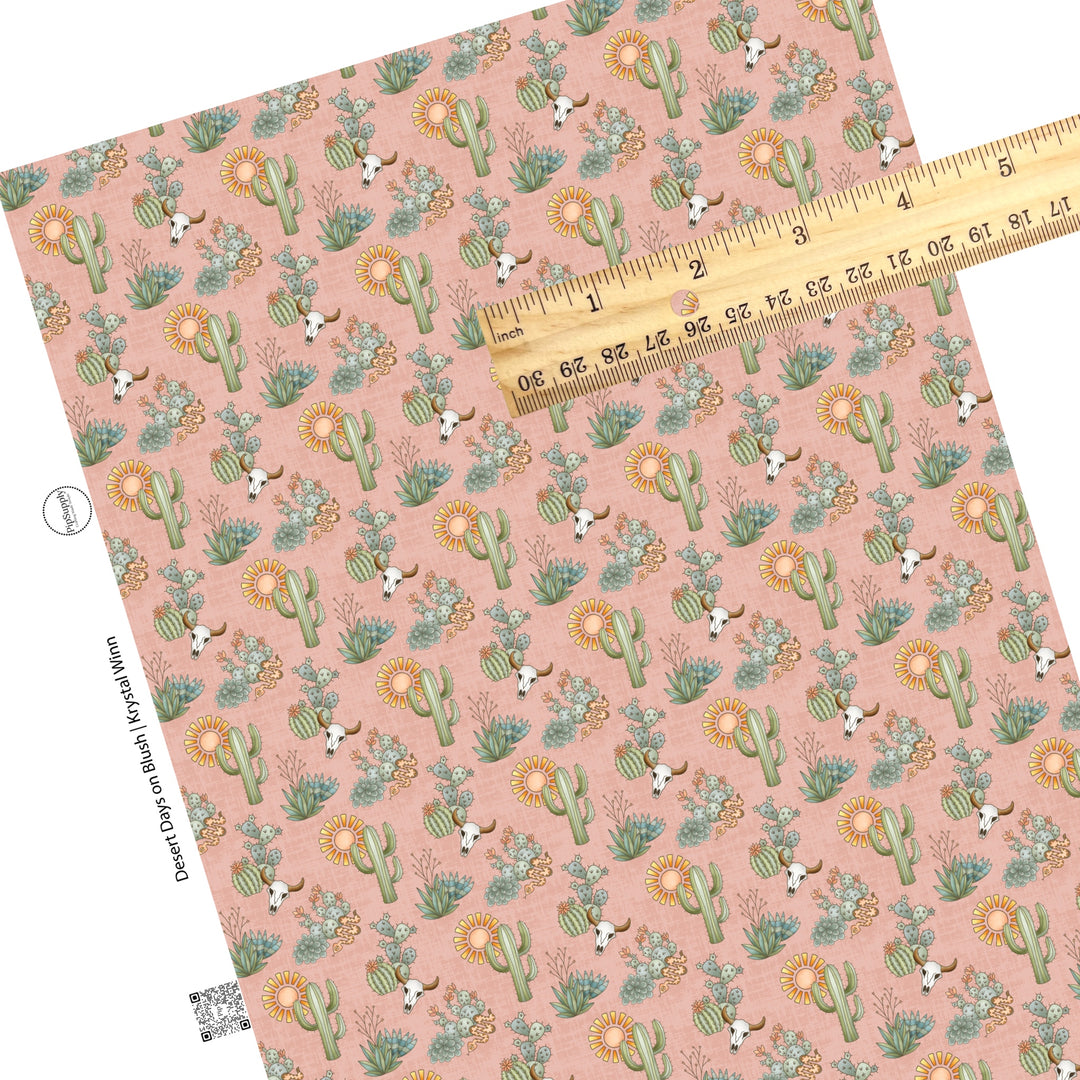 These desert flowers and cactus on dark blush faux leather sheets contain the following design elements: green flowers, cacti plants, suns, and skulls. 