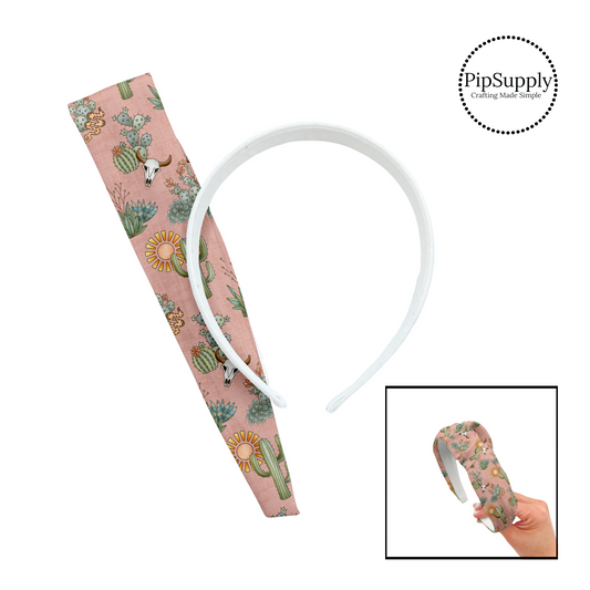 These fun desert floral kits with green flowers, cacti plants, suns, and skulls include a custom printed and sewn fabric strip and a coordinating velvet headband. 