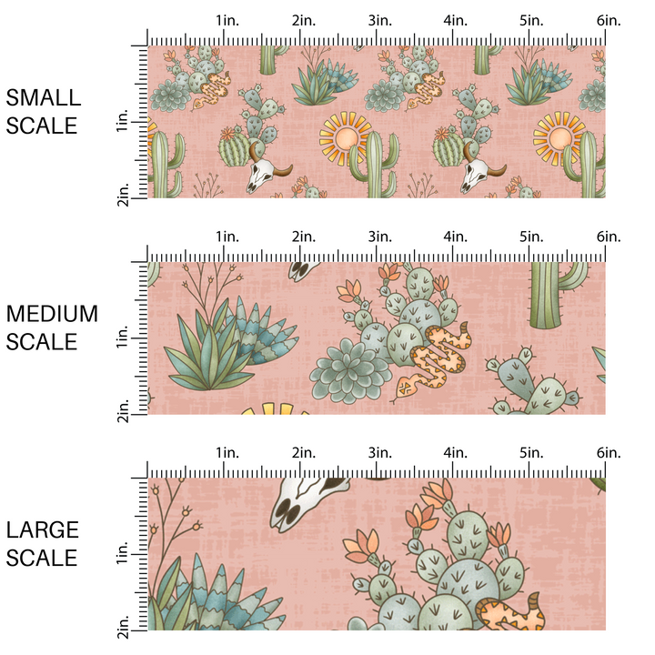 This scale image of small scale, medium scale, and large scale of these desert flowers and cacti on dark blush fabric by the yard features green flowers, cacti plants, suns, and skulls.