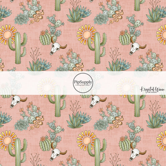 These desert flowers and cacti on dark blush fabric by the yard features green flowers, cacti plants, suns, and skulls.