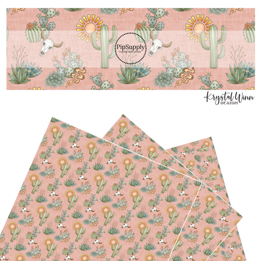 These desert flowers and cactus on dark blush faux leather sheets contain the following design elements: green flowers, cacti plants, suns, and skulls. 