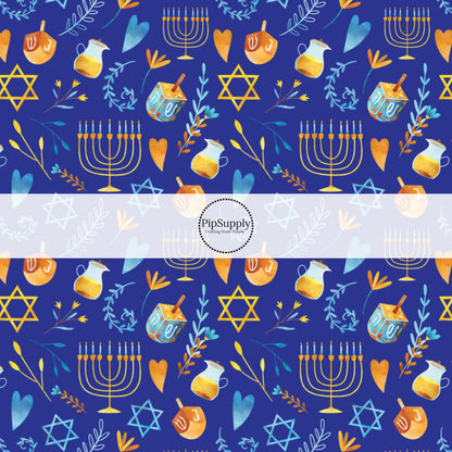 Hanukkah holiday on blue hair bow strips