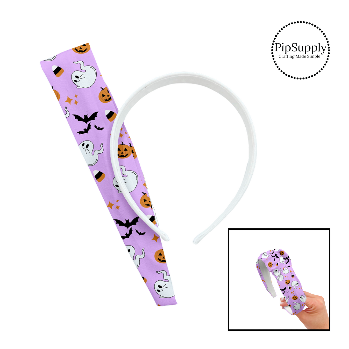 Candy corn, white ghost, pumpkins, bats, and stars on purple knotted headband kit