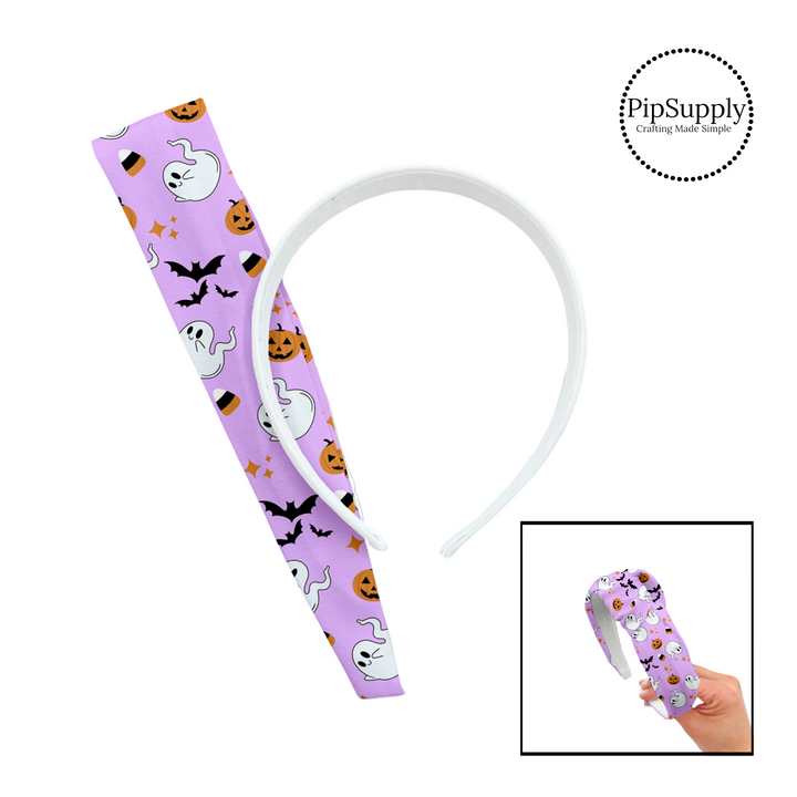 Candy corn, white ghost, pumpkins, bats, and stars on purple knotted headband kit