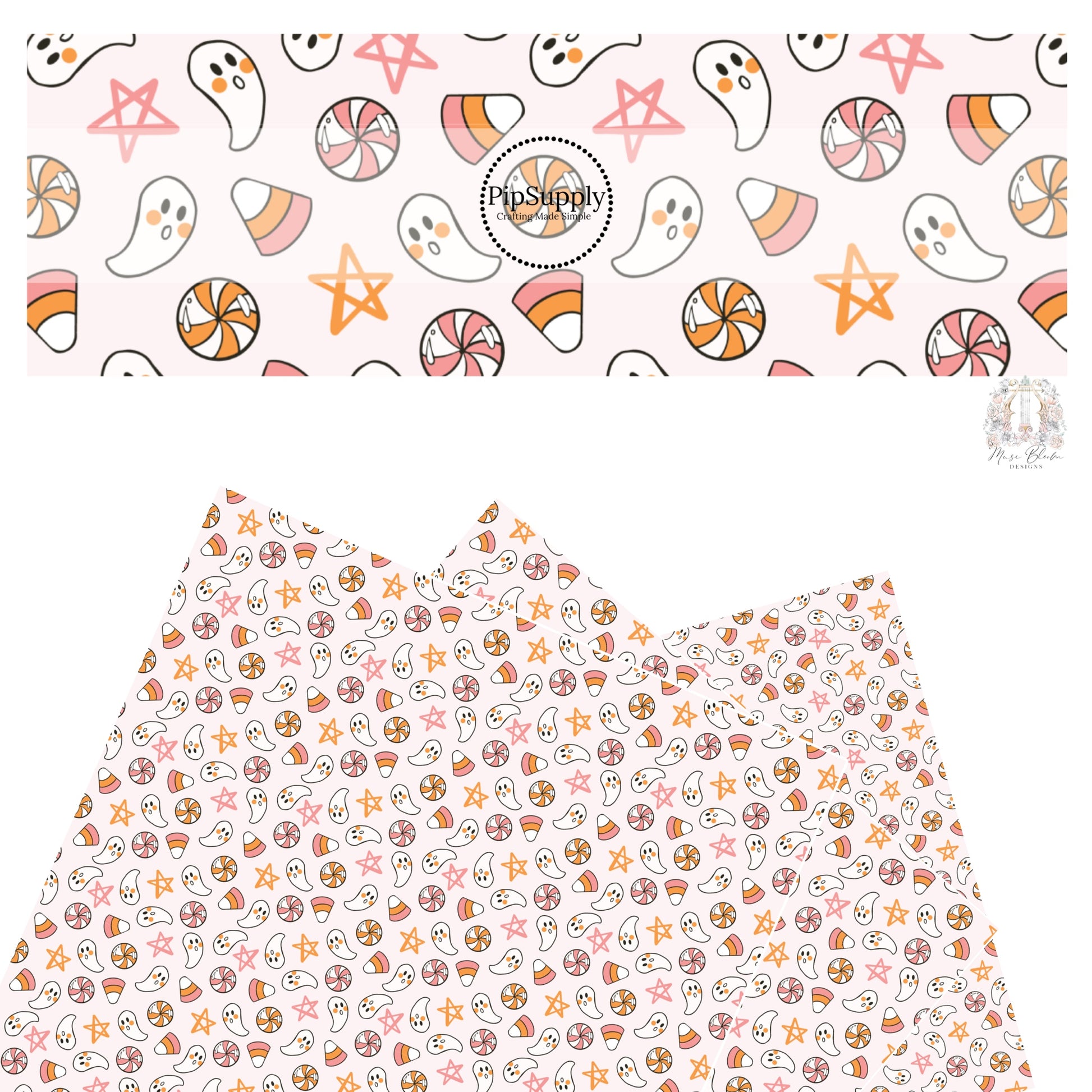 White ghosts with candy and stars faux leather sheets
