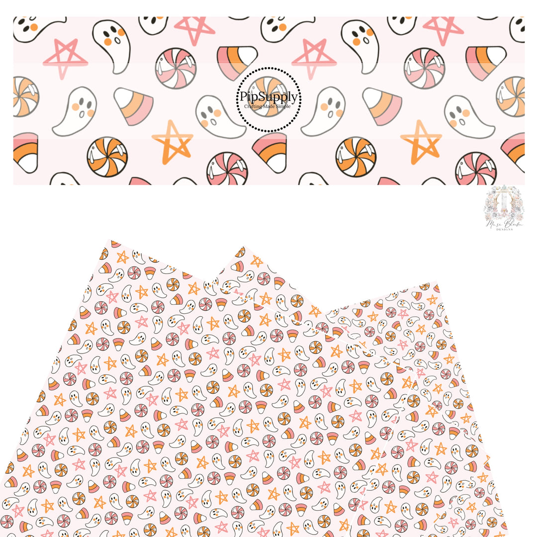 White ghosts with candy and stars faux leather sheets