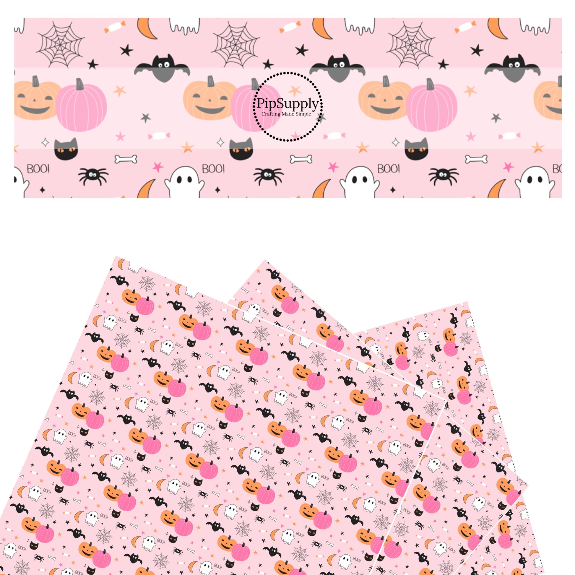 Pumpkins, bats, ghost, spiders, and cats with candy on pink faux leather sheets