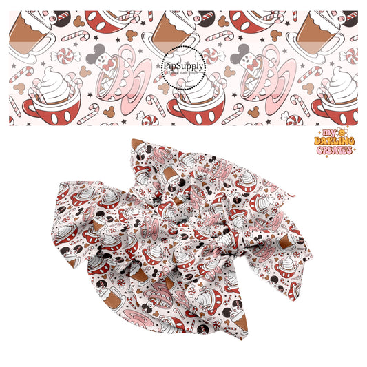 Mouse hot chocolate with stars and candy canes on cream hair bow strips