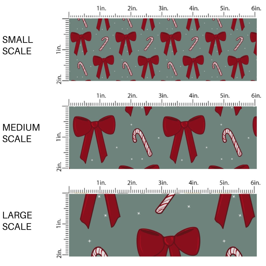 These winter bow themed pattern fabric by the yard features the following design elements: candy canes and red bows. This fun themed fabric can be used for all your sewing and crafting needs!