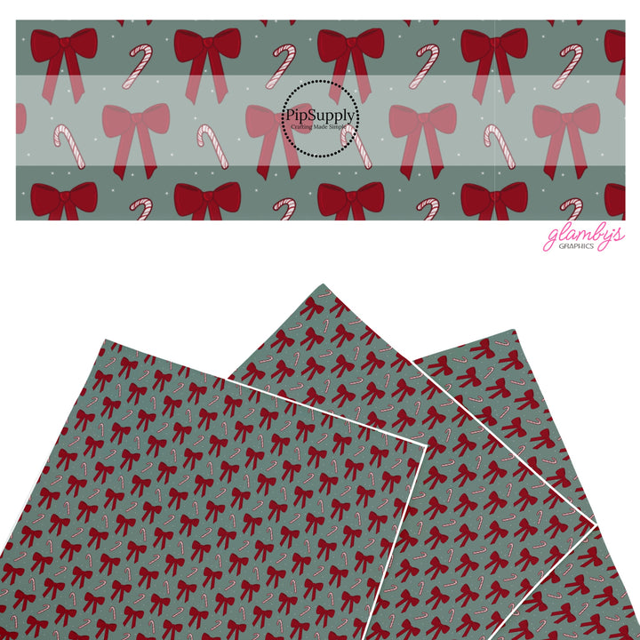 These winter bow themed pattern faux leather sheets contain the following design elements: candy canes and red bows. Our CPSIA compliant faux leather sheets or rolls can be used for all types of crafting projects.