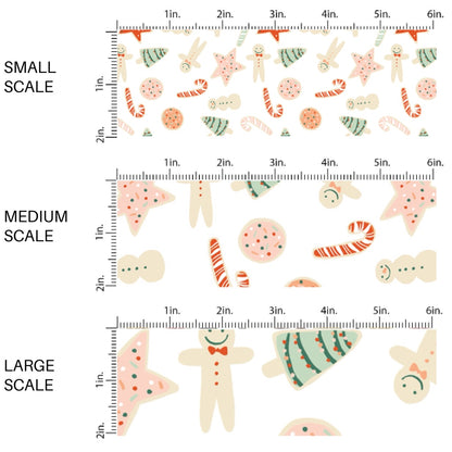 These Christmas treat themed pattern fabric by the yard features the following design elements: cookies and candy canes on cream. This fun themed fabric can be used for all your sewing and crafting needs!