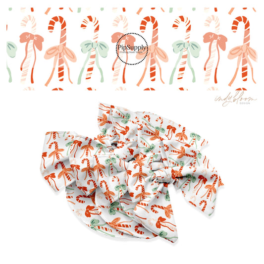 These Christmas themed no sew bow strips can be easily tied and attached to a clip for a finished hair bow. These fun patterned bow strips are great for personal use or to sell. These bow strips feature the following design elements: candy canes and bows on cream.