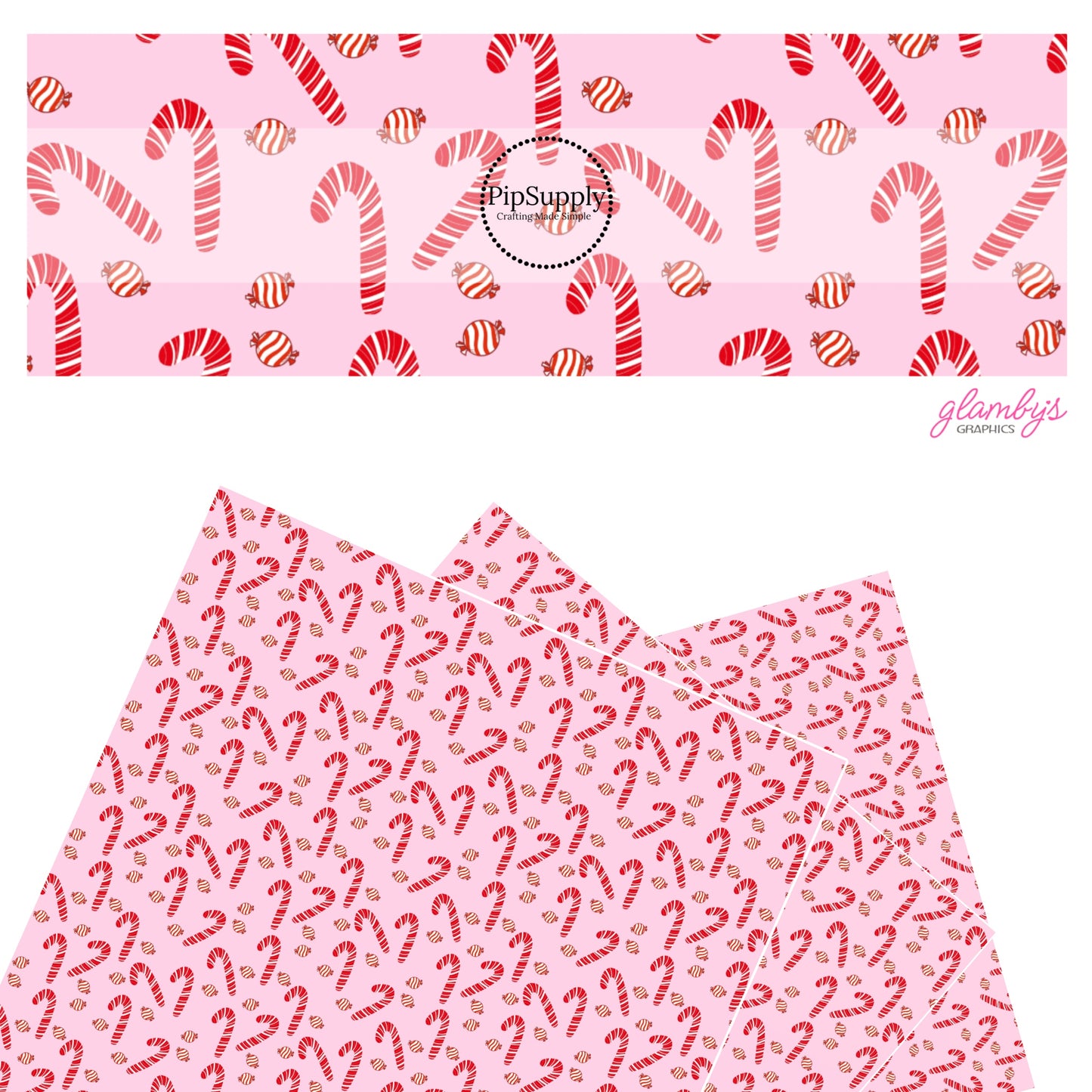 Red and white peppermint candy on pink faux leather sheets
