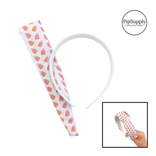 Pink, orange, and white candy corns on white knotted headband kit