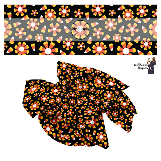 Candy corn and flowers on black hair bow strips
