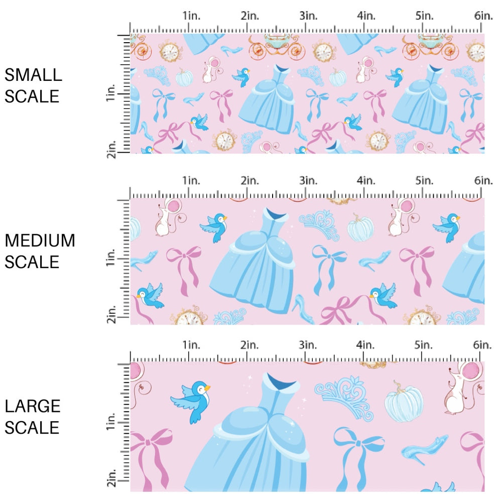 These magical princess themed fabric by the yard features princess dresses, bows, and tiaras on a pink pattern. This fun pattern fabric can be used for all your sewing and crafting needs!