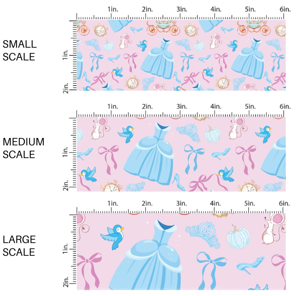 These magical princess themed fabric by the yard features princess dresses, bows, and tiaras on a pink pattern. This fun pattern fabric can be used for all your sewing and crafting needs!