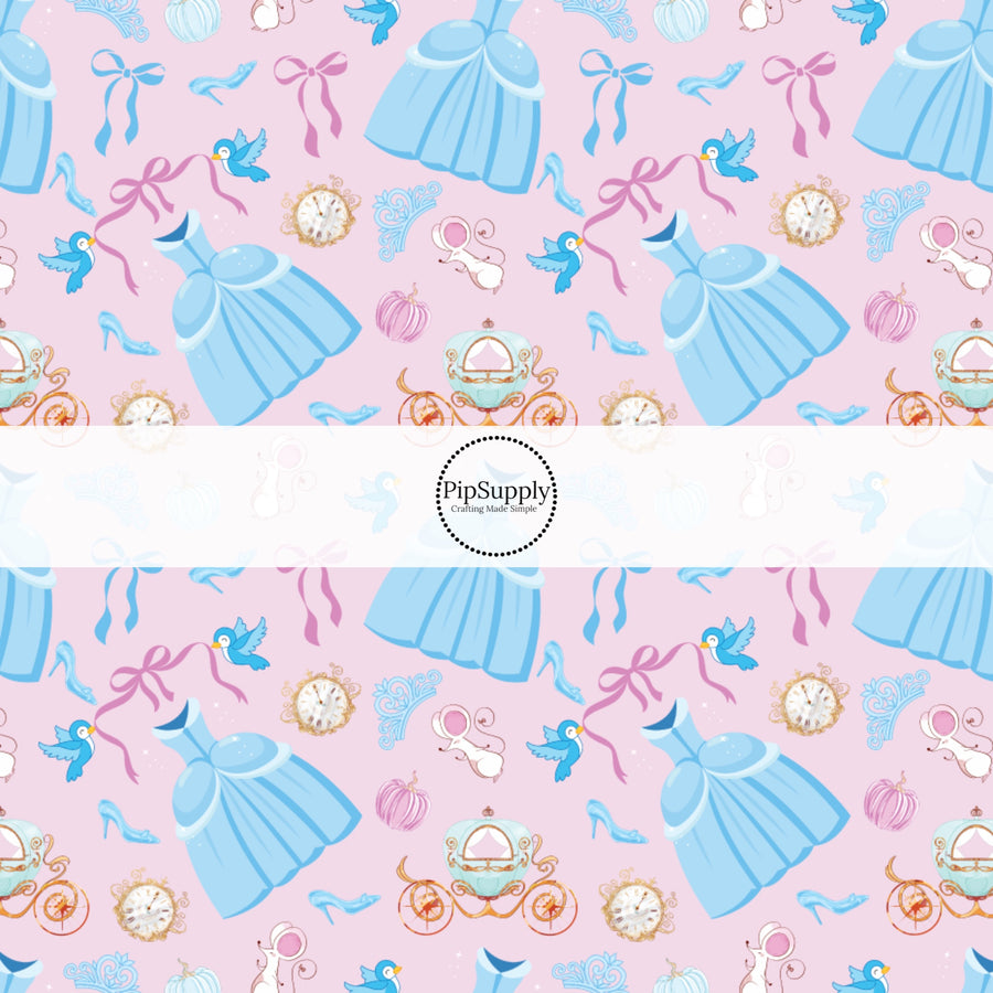 These magical princess themed fabric by the yard features princess dresses, bows, and tiaras on a pink pattern. This fun pattern fabric can be used for all your sewing and crafting needs!