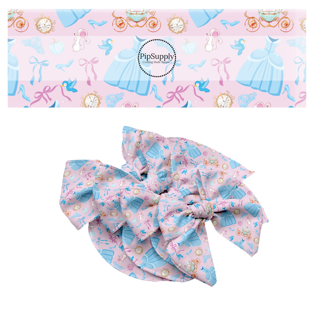 These magical princess themed no sew bow strips can be easily tied and attached to a clip for a finished hair bow. These bow strips are great for personal use or to sell. These bow strips feature the following design elements: princess dresses, bows, and tiaras on a pink pattern.