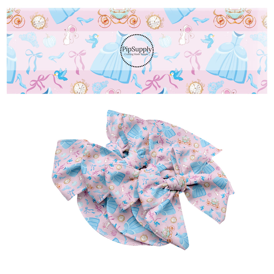 These magical princess themed no sew bow strips can be easily tied and attached to a clip for a finished hair bow. These bow strips are great for personal use or to sell. These bow strips feature the following design elements: princess dresses, bows, and tiaras on a pink pattern.