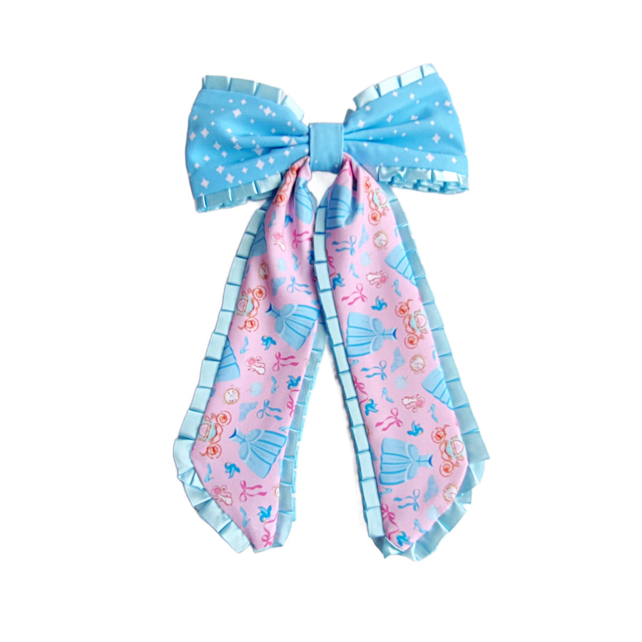 These princess themed ruffled long tail pre-cut tied bows are ready to package and resell to your customers no sewing or measuring necessary! These hair bows come with a clip already attached.
