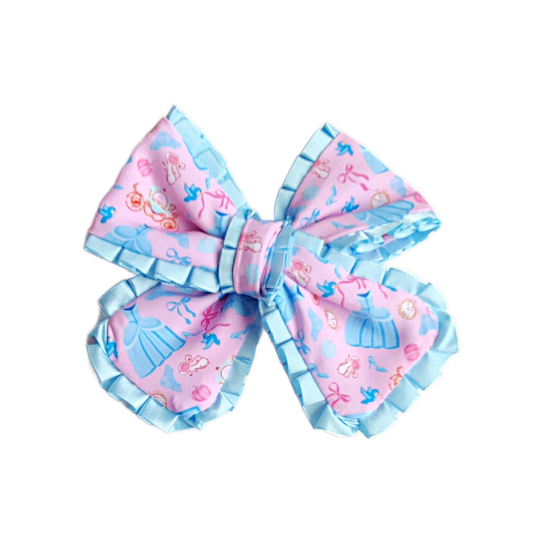 These princess themed ruffled pinwheel pre-cut tied bows are ready to package and resell to your customers no sewing or measuring necessary! These hair bows come with a clip already attached.