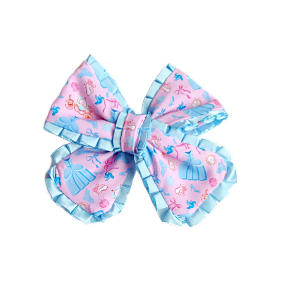 These princess themed ruffled pinwheel pre-cut tied bows are ready to package and resell to your customers no sewing or measuring necessary! These hair bows come with a clip already attached.