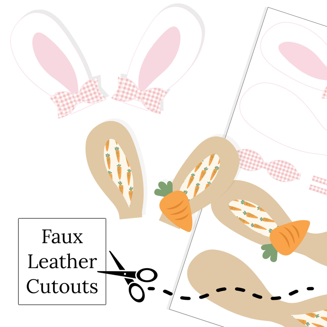 These Easter DIY faux leather headband toppers have either a white pattern with bows or tan pattern with carrots. These sheets are ready to cut and assemble! You will receive one faux leather sheet with varying quantities of headband topper cutouts based on your selections. These are printed on our CPSIA compliant faux leather and will arrive to you as an uncut sheet and will need to be cut, assembled and embellished depending on your craft project. Any additional items shown are sold separately.