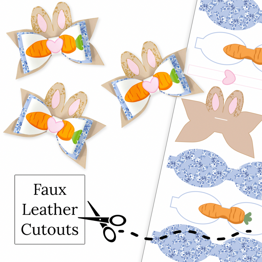 These Easter themed layered faux leather bows Easter bunny ears, floral bows, and carrots are ready to cut and assemble for many craft projects. These patterned cutouts can be used to make a hair bow, headband, banner, photo props, scrapbook, party or classroom decorations, bulletin board trim or anything creative! You will receive one faux leather sheet with varying quantities of cutouts based on your selections. 