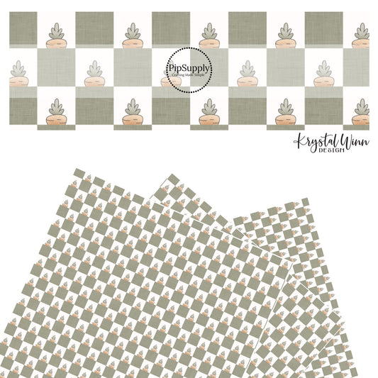 These spring checkered pattern themed faux leather sheets contain the following design elements: spring green and ivory checkered pattern. Our CPSIA compliant faux leather sheets or rolls can be used for all types of crafting projects.