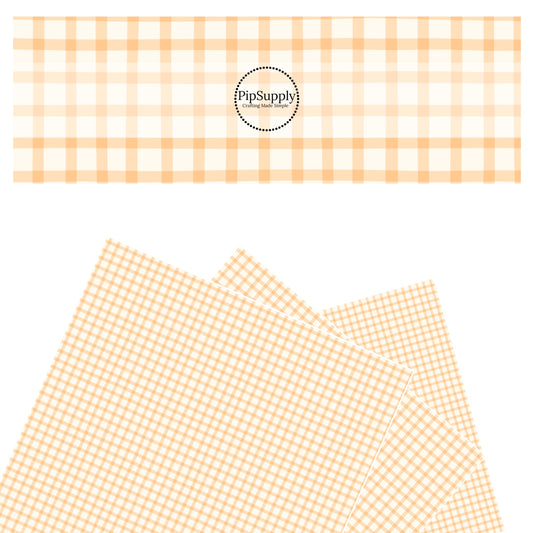 These spring pattern themed faux leather sheets contain the following design elements: cream and orange plaid pattern. Our CPSIA compliant faux leather sheets or rolls can be used for all types of crafting projects.