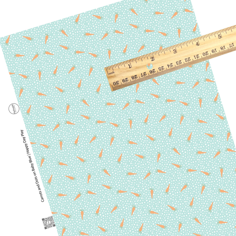 These spring pattern themed faux leather sheets contain the following design elements: tiny carrots surrounded by white dots on light blue. Our CPSIA compliant faux leather sheets or rolls can be used for all types of crafting projects.