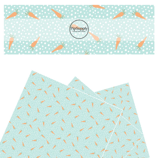 These spring pattern themed faux leather sheets contain the following design elements: tiny carrots surrounded by white dots on light blue. Our CPSIA compliant faux leather sheets or rolls can be used for all types of crafting projects.